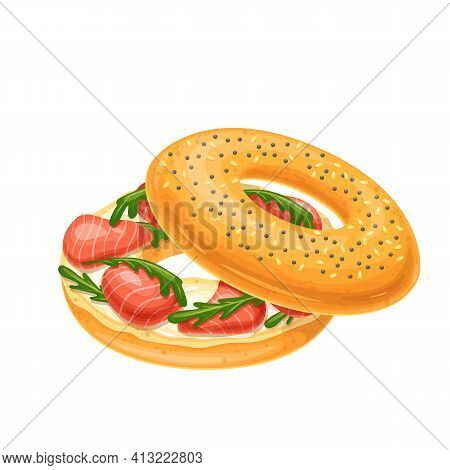 Bagel With Cream Cheese And Smoked Salmon. Traditional Sandwich With Cream Cheese And Salmon. New Yo