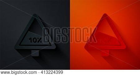 Paper Cut Steep Ascent And Steep Descent Warning Road Icon Isolated On Black And Red Background. Tra