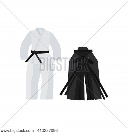 Traditional Clothing For Kimono In Flat Style, Jacket, Pants And Belt For Shade And Hakama In Dark C