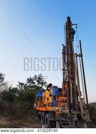 Bangalore, Karnataka, India-march 07 2021: Closeup Of Borewell Drilling Lorry Or Vehicles With Tools