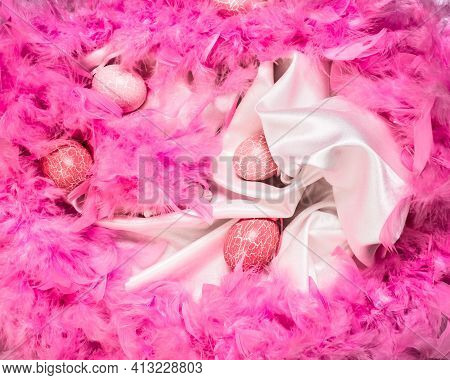 Easter Is Decorated In Pink And White Colors, Diferent  Materials. Birch Bark, Fluffy Pink Feathers 