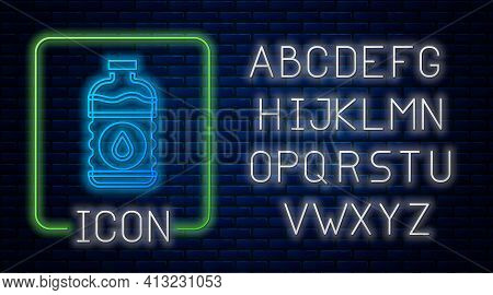 Glowing Neon Bottle Of Water Icon Isolated On Brick Wall Background. Soda Aqua Drink Sign. Neon Ligh