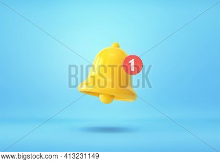 Yellow Notification Bell With One New Notification On Blue Background. 3d Rendering