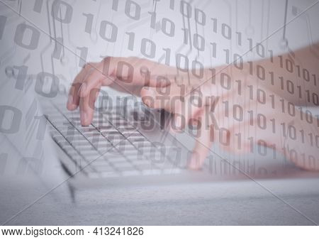Composition of binary coding processing over person typing on computer keyboard. online cyber security concept digitally generated image.