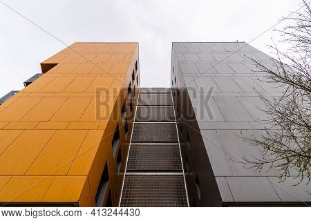 Madrid, Spain - March 7, 2021: Modern Social Housing In Ecobulevar Area Of Vallecas District