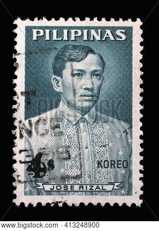ZAGREB, CROATIA - SEPTEMBER 18, 2014: Stamp printed in Philippines shows Jose Rizal (1861-1896)(overprint 4c on 6c), circa 1964