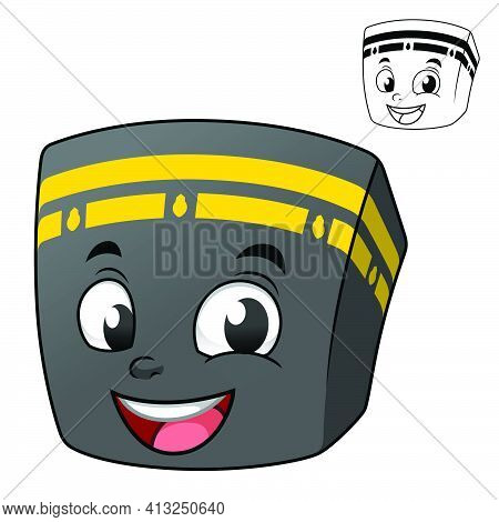 Cute Happy Kaaba With Line Art Drawing, Mosque, Vector Character Illustration Mascot Logo In Isolate