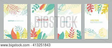 Set Of Abstract Plants Backgrounds With Empty Space For Text, Bright Banners Posters