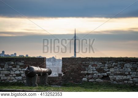 Outdated Vintage Medieval Cannon On The Fortified Walls Of Kalemegdan Fortress, In Belgrade, Serbia.