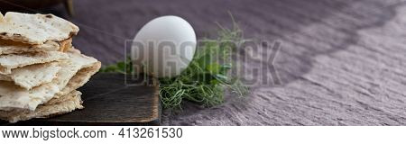 Homemade Matzo  With Microgreen Peas. Unleavened Flatbread Bread. Pesah Celebration Concept.  Jewish