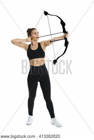 Woman With Bow And Arrow Practicing Archery On White Background