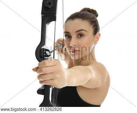 Woman With Bow And Arrow Practicing Archery Against White Background, Focus On Hand