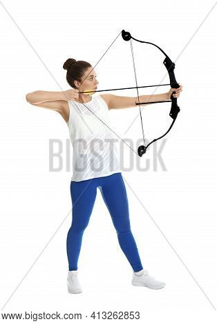 Woman With Bow And Arrow Practicing Archery On White Background