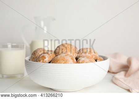 Tasty Homemade Gingerbread Cookies In Bowl On White Table
