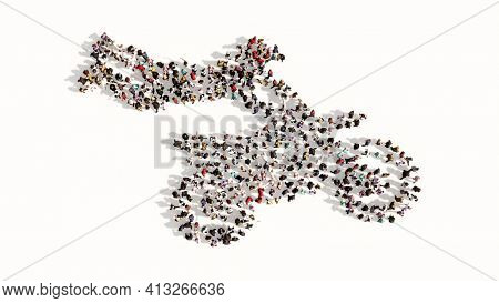 Concept conceptual large community of people forming the image of a stuntman on a motorcycle on colorful background. A 3d illustration metaphor for sport, adrenaline, extreme competition, danger, fun