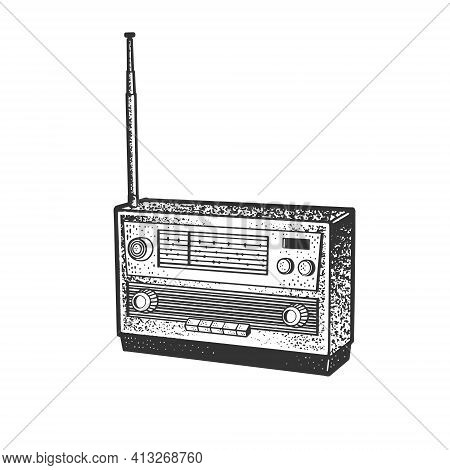 Radio Device Sketch Engraving Vector Illustration. T-shirt Apparel Print Design. Scratch Board Imita