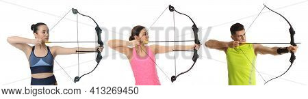 People Practicing Archery On White Background, Collage. Banner Design