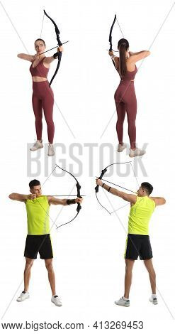 People Practicing Archery On White Background, Collage