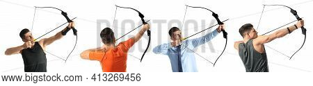 Man Practicing Archery On White Background, Collage. Banner Design