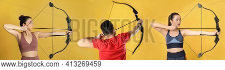 People Practicing Archery On Yellow Background, Collage. Banner Design