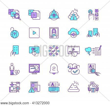 New Media Rgb Color Icons Set. Mass Communication. Media Literacy. Fake News. Conspiracy Theory. Int