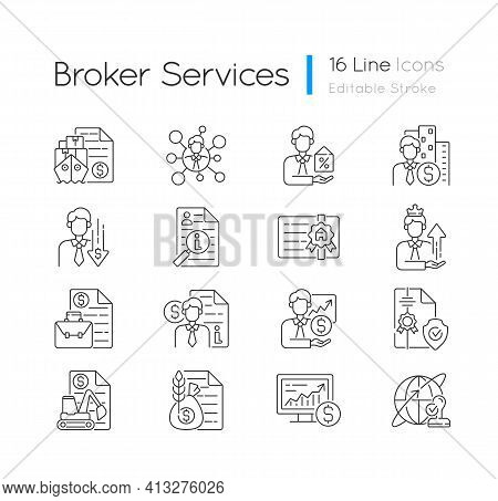 Broker Service Linear Icons Set. Online Stock Trading. Intellectual Property. Sponsorship Broker. Cu