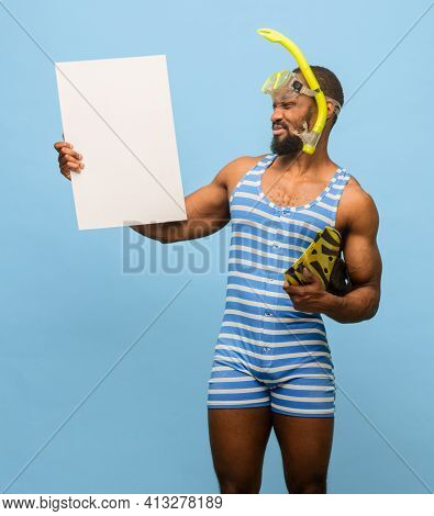 Africam-american Man In Swimming Suit, Goggles Isolated On Blue Background