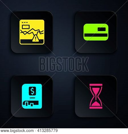 Set Old Hourglass, Failure Stocks Market, Financial Book And Credit Card. Black Square Button. Vecto
