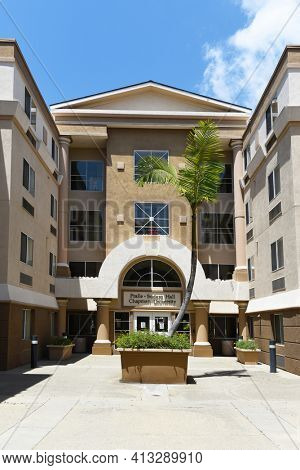ORANGE, CALIFORNIA - 14 MAY 2020:  Courtyard at the Pralle-Sodaro Residence Hall on the campus of Chapman University. Vertical format.