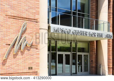 ORANGE, CALIFORNIA - 14 MAY 2020: Closeup of the sign on the Musco Center for the Arts on the campus of Chapman University. 