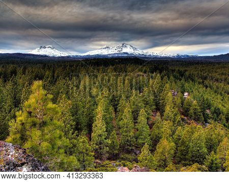 The View Of Three Sisters In The Cascades Mountain Range As Seen From Sisters Oregon