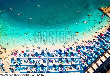 Aerial View Of Poli Mora Turquoise Sand Beach In Selce, Crikvenica Riviera In Croatia