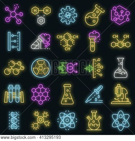 Chemistry Lab Icon Set. Outline Set Of Chemistry Lab Vector Icons Neon Color On Black