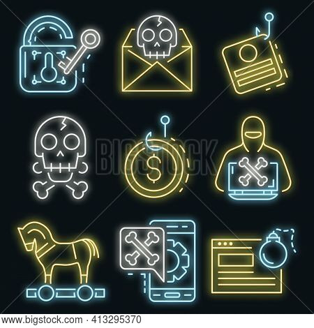 Phishing Icon Set. Outline Set Of Phishing Vector Icons Neon Color On Black