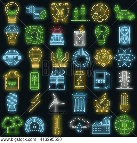 Energy Saving Icon Set. Outline Set Of Energy Saving Vector Icons Neon Color On Black