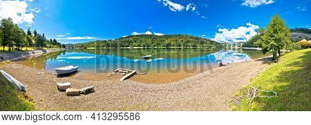 Idyllic Bajer Mountain Lake And Highway A6 Viaduct Panoramic View, Fuzine In Gorski Kotar Region Of 