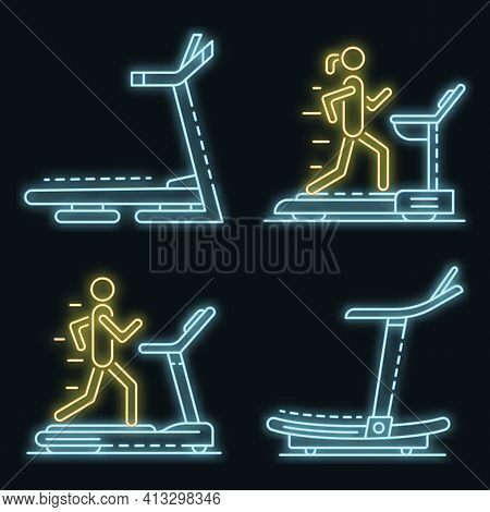 Treadmill Icon Set. Outline Set Of Treadmill Vector Icons Neon Color On Black