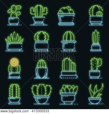 Succulent Icons Set. Outline Set Of Succulent Vector Icons Neon Color On Black