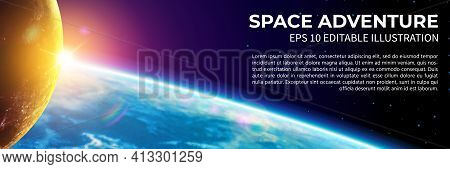 Panorama Of Distant Planet And Its Moon In Deep Space. Realistic Vector Planet With Moon On Dark Sta