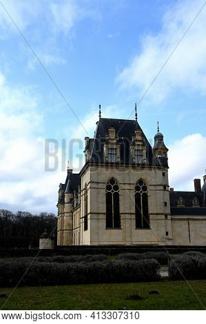 Ecouen, France - February 20 2021 : Historical Chateau In City Of Ecouen, North Of Paris, France