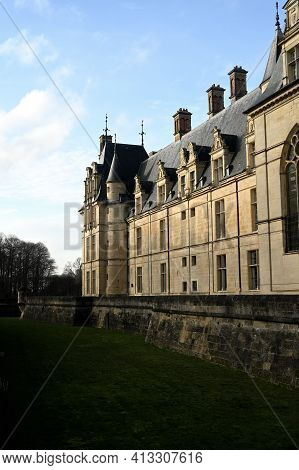 Ecouen, France - February 20 2021 : Historical Chateau In City Of Ecouen, North Of Paris, France
