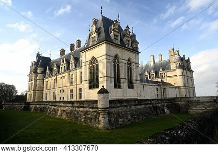 Ecouen, France - February 20 2021 : Historical Chateau In City Of Ecouen, North Of Paris, France