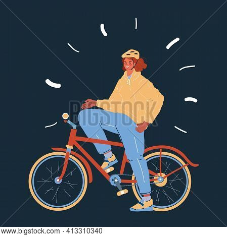 Vector Illustration Of Biker Girl Teen Ride On Bike On Dark Bacround.