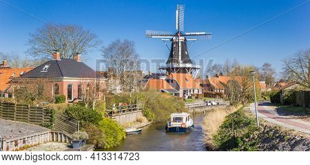 Panorama Of A Boat In The Canal Of Mensingeweer, Groningen