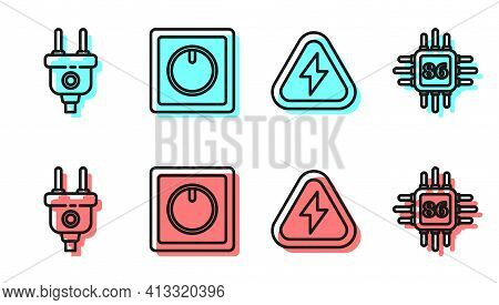 Set Line High Voltage, Electric Plug, Electric Light Switch And Processor With Microcircuits Cpu Ico
