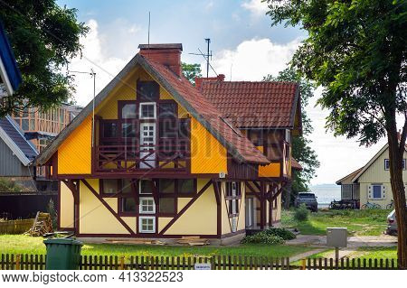 August 17, 2017 Pervalka Village, Lithuania, Old Lithuanian Traditional Wooden House In The Village