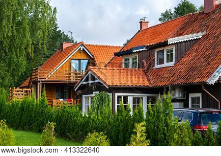 August 17, 2017 Pervalka Village, Lithuania, Old Lithuanian Traditional Wooden House In The Village