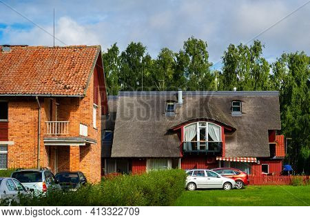 August 17, 2017 Pervalka Village, Lithuania, Old Lithuanian Traditional Wooden House In The Village