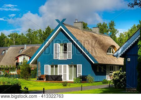 August 17, 2017 Pervalka Village, Lithuania, Old Lithuanian Traditional Wooden House In The Village