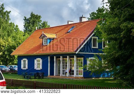 August 17, 2017 Pervalka Village, Lithuania, Old Lithuanian Traditional Wooden House In The Village